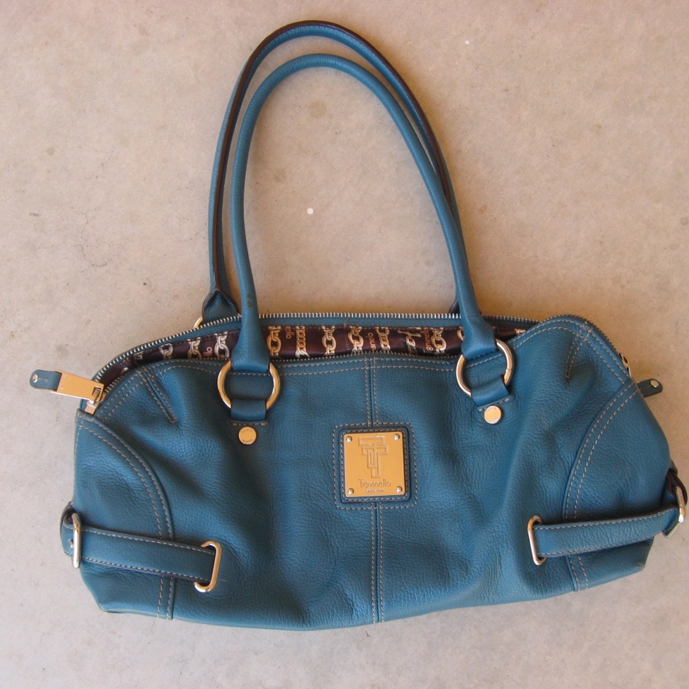 Tignanello Blue and Gold Shoulder Bag with Structured Design